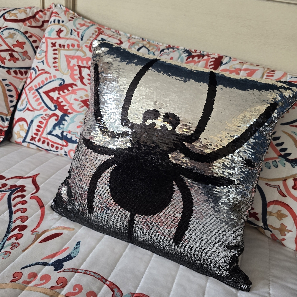 Reversible Sequin Spider & Bat Pillow - Black and Silver